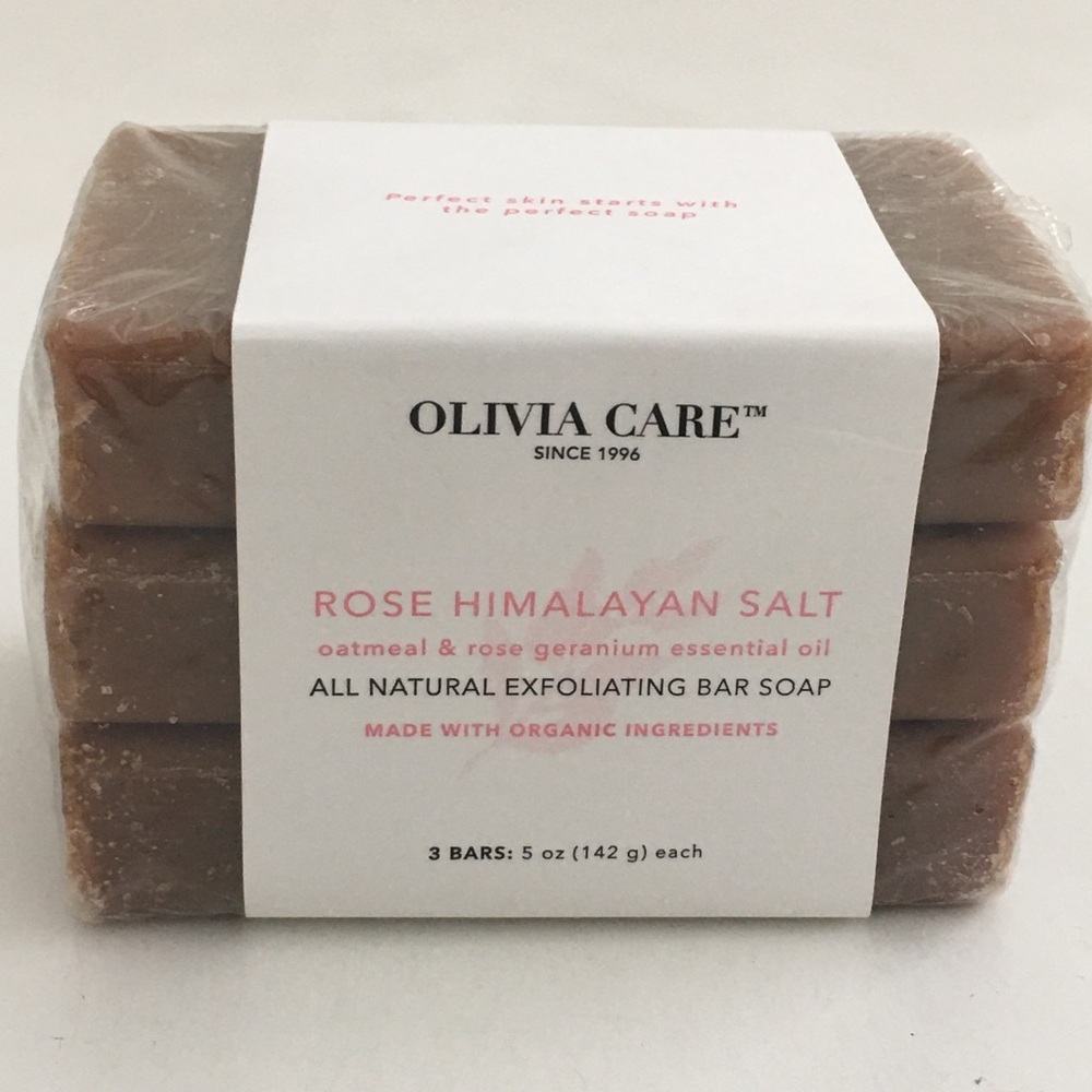 3 Pc Set of Olivia Care Rose Himalayan Salt All Natural Exfoliating Bar Soap USA